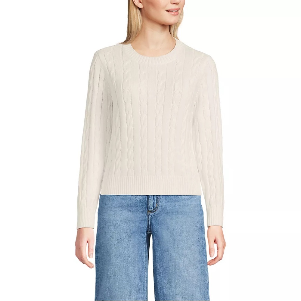 Lands' End Women's Cream Cable Knit Sweater - Picture 2 of 3